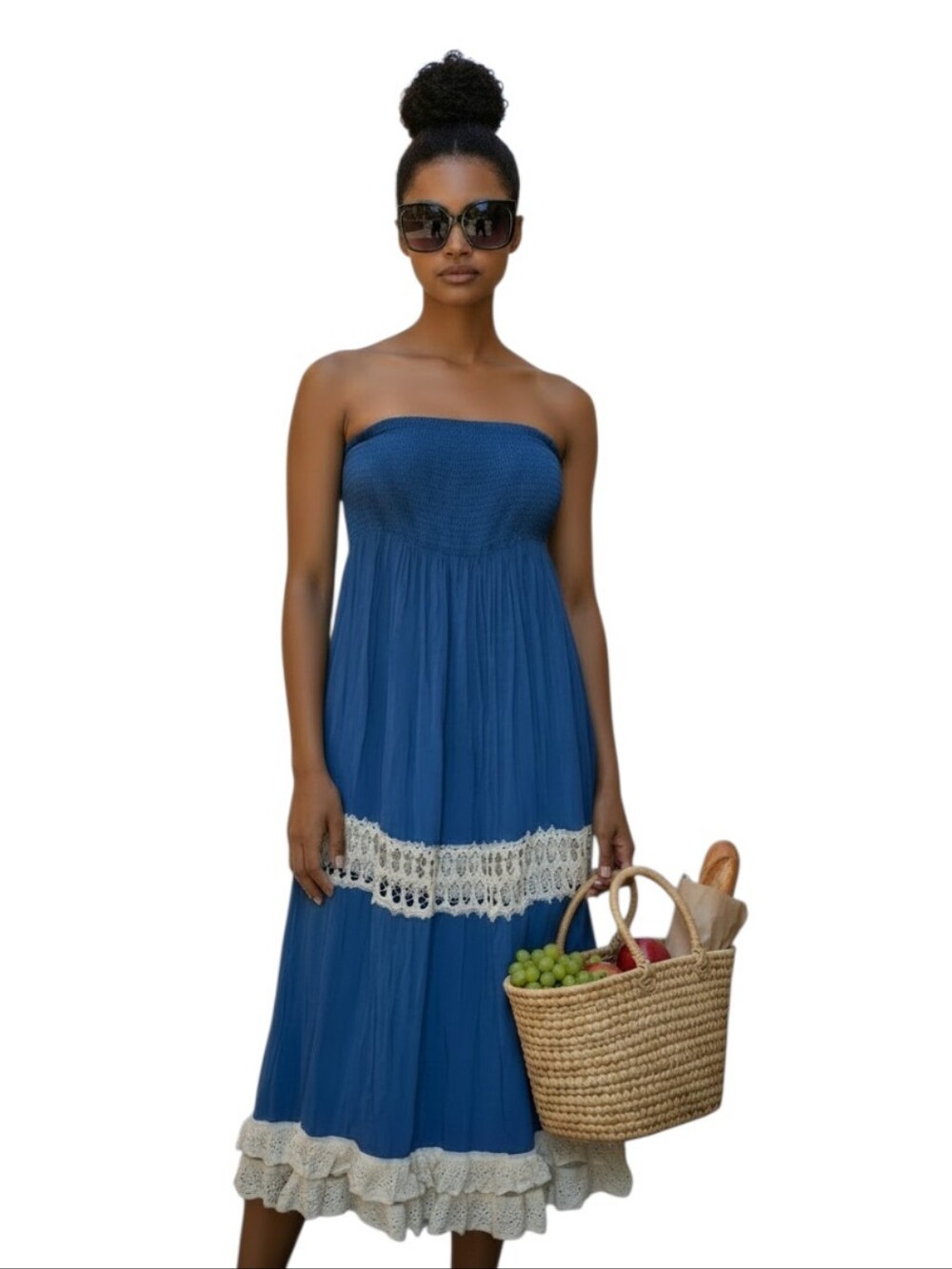 Ocean Blue Strapless Smocked Bust  Tiered Layered Cream Lace Gypsy Dress size L